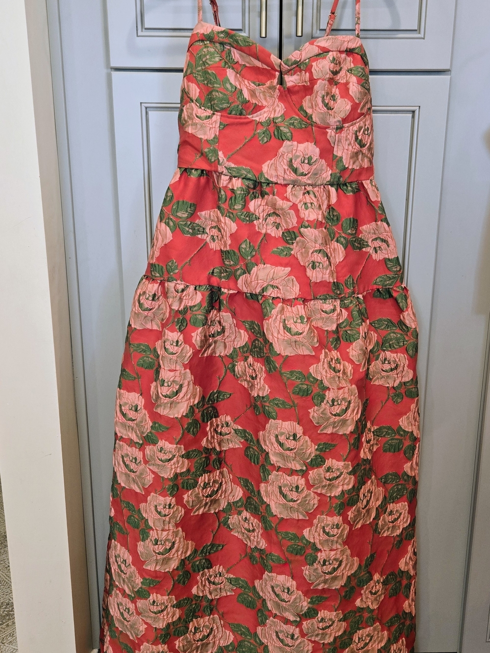 Floral Strapless Maxi Dress in Coral and Pink